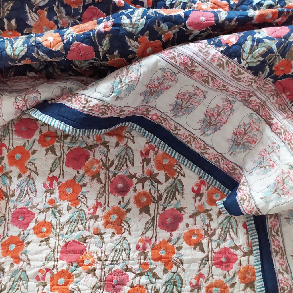Pure Cotton Reversible Comforter | Bedspread Block Printed With Vibrant Blue & Orange Floral Prints - L 260 cm x W 215 cm
