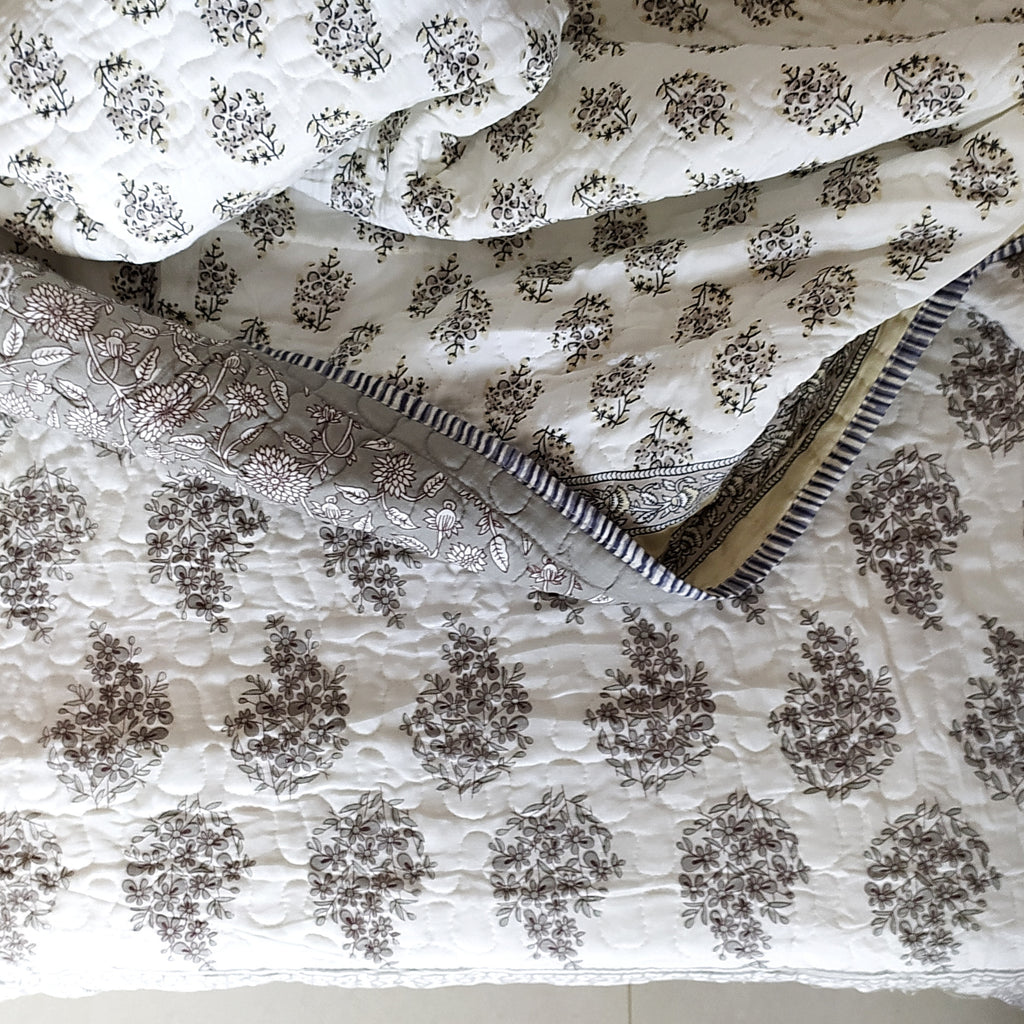 Pure Cotton Reversible Comforter Block Printed With Pastel Greys & White Coloured Floral Prints - L 260 cm x W 215 cm