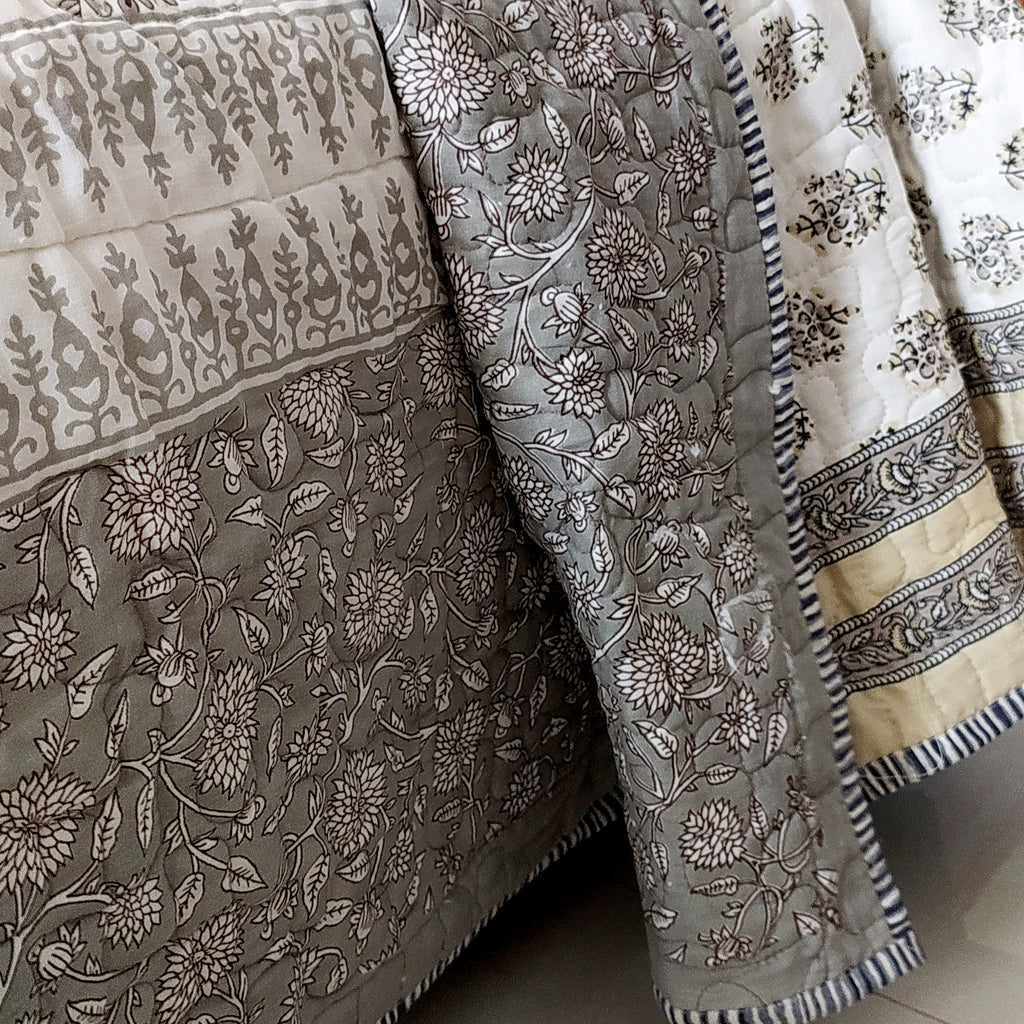 Pure Cotton Reversible Comforter Block Printed With Pastel Greys & White Coloured Floral Prints - L 260 cm x W 215 cm