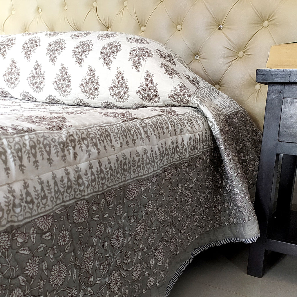 Pure Cotton Reversible Comforter Block Printed With Pastel Greys & White Coloured Floral Prints - L 260 cm x W 215 cm