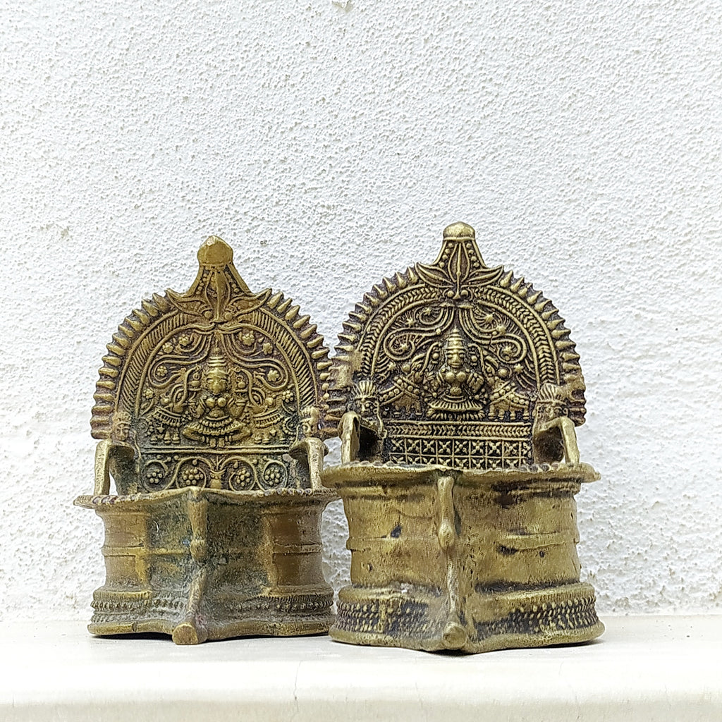 Divine Pair of Vintage Brass Devi Kamakshi Lamps- Goddess of Knowledge & Prosperity. Height 14 cm