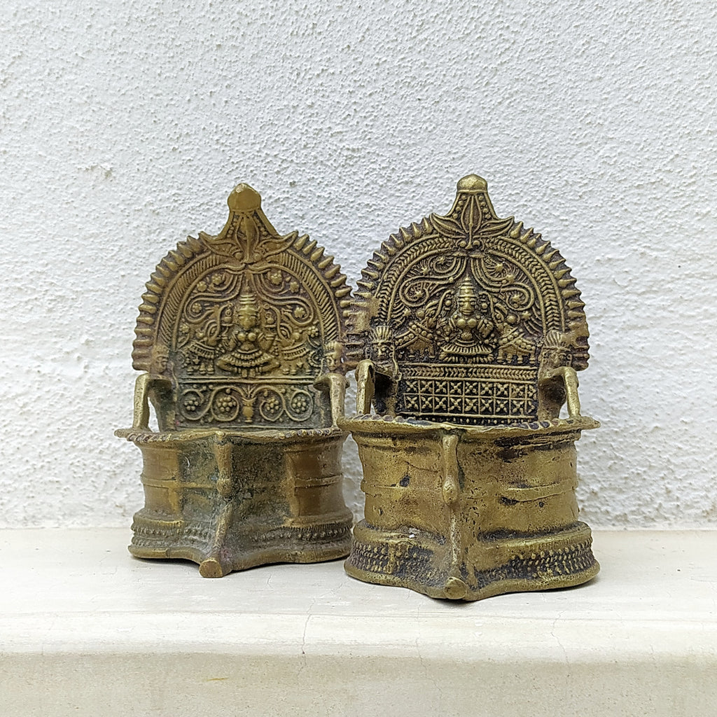 Divine Pair of Vintage Brass Devi Kamakshi Lamps- Goddess of Knowledge & Prosperity. Height 14 cm