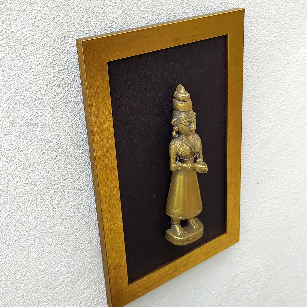 Vintage Brass Worshipper With Folded Hands Framed On Black Raw Silk. Ht 40 cm x W 26 cm