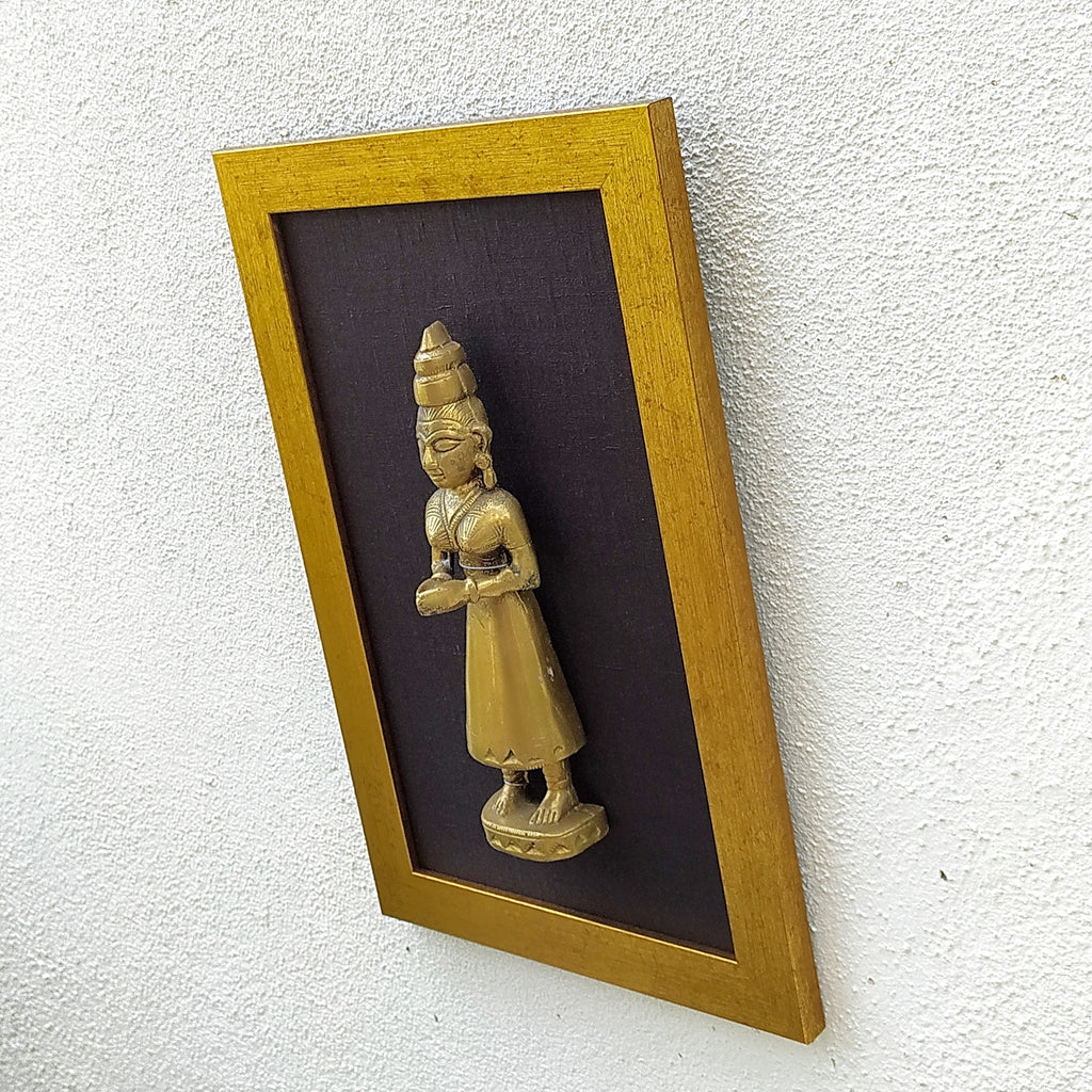 Vintage Brass Worshipper With Folded Hands Framed On Black Raw Silk. Ht 40 cm x W 26 cm