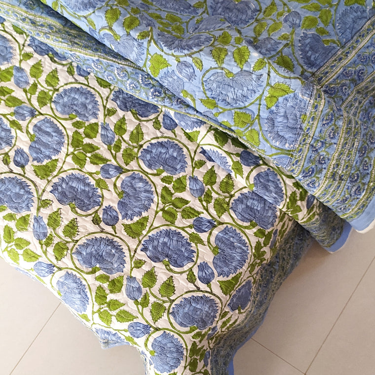 Reversible Cotton Jaipuri Comforter, Bedspread, Quilt Block Printed With Bold Pastel Green & Sky Blue Floral Prints - L 260 cm x W 215 cm