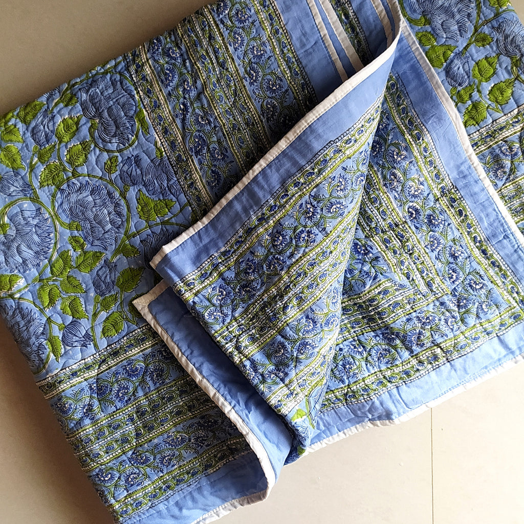 Reversible Cotton Jaipuri Comforter, Bedspread, Quilt Block Printed With Bold Pastel Green & Sky Blue Floral Prints - L 260 cm x W 215 cm