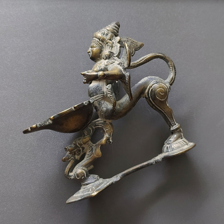 Handheld Brass Aarti Of Garuda - Mount Of Lord Vishnu With The Mythical Yali. L 14 x Ht 13 x W 7 cm