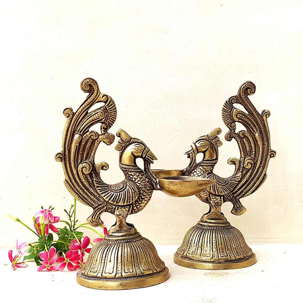 Pair Of Exquisite Brass Peacock Oil Lamps - Each Of Height 21 cm x Length 17 cm