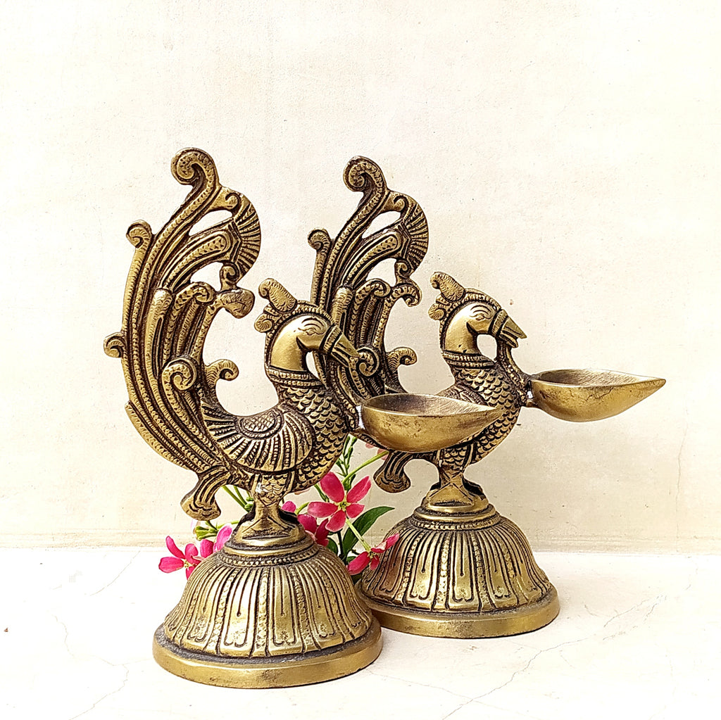 Pair Of Exquisite Brass Peacock Oil Lamps - Each Of Height 21 cm x Length 17 cm