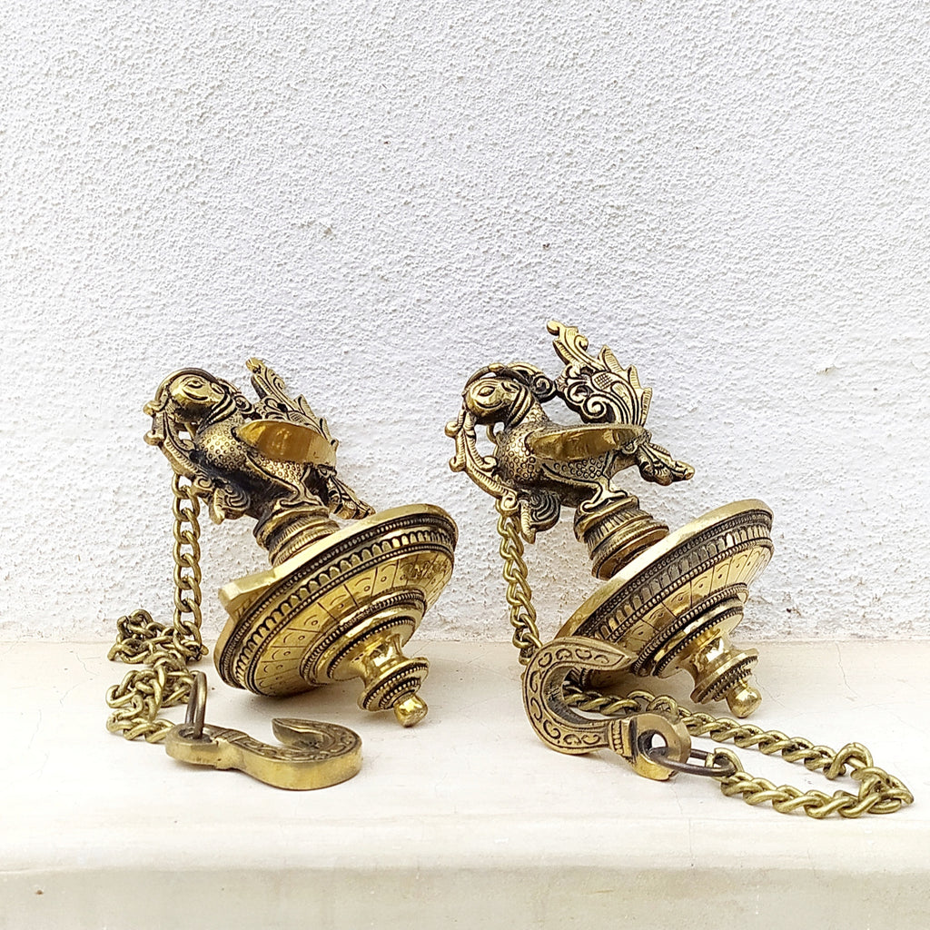 Exquisite Pair Of Mythical Brass Hamsa Oil & Wick Lamps On Chains - Length 53 cm