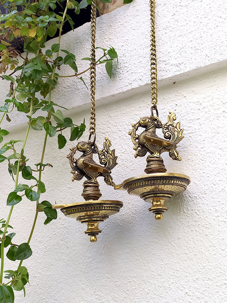 Exquisite Pair Of Mythical Brass Hamsa Oil & Wick Lamps On Chains - Length 53 cm