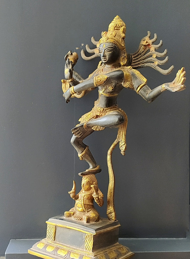 Magnificent Brass Sculpture of Lord Shiva As Dancing Natraja With A Rich Green & Gold Patina. Ht 36 cm x W 21 cm