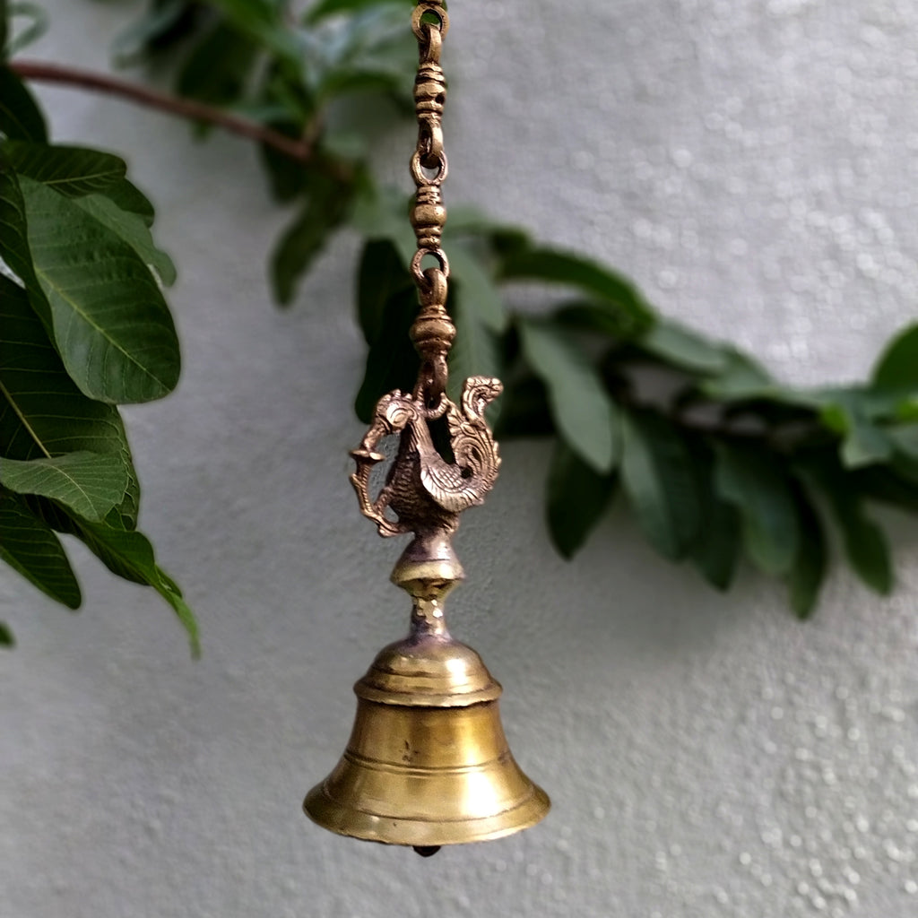 Exquisite Brass Temple Bell With Mythical Hamsa On Chain - Length 61 cm x Dia 9 cm
