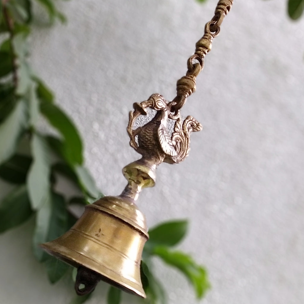 Exquisite Brass Temple Bell With Mythical Hamsa On Chain - Length 61 cm x Dia 9 cm