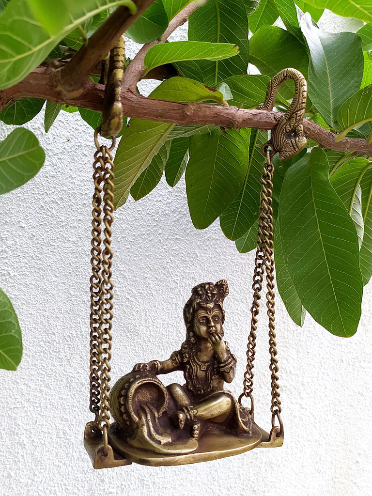 Brass Balakrishna | Divine Child Krishna On A Swing With Pot Of Butter. Ht 28 cm x Length 14 cm