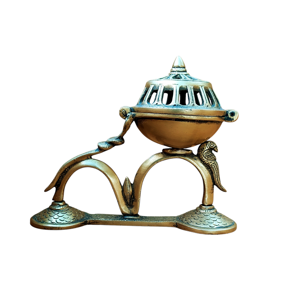 Exquisite Handheld Brass Dhoop Incense Burner With Peacock. Length 18 cm x Ht 15 cm