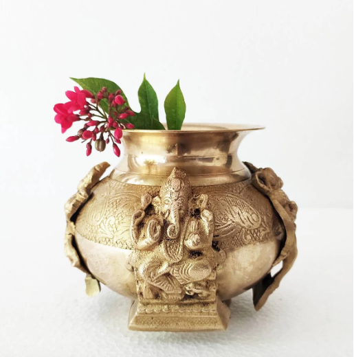 Divine Brass Lota | Vessel Depicting 4 Hindu Gods Ganesha, Hanuman, Lakshmi & Saraswati. H 13 cm x Dia 11 cm
