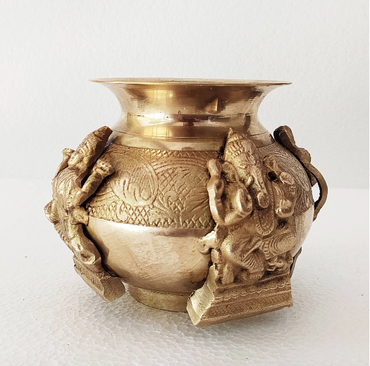 Divine Brass Lota | Vessel Depicting 4 Hindu Gods Ganesha, Hanuman, Lakshmi & Saraswati. H 13 cm x Dia 11 cm