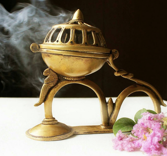 Exquisite Handheld Brass Dhoop Incense Burner With Peacock. Length 18 cm x Ht 15 cm