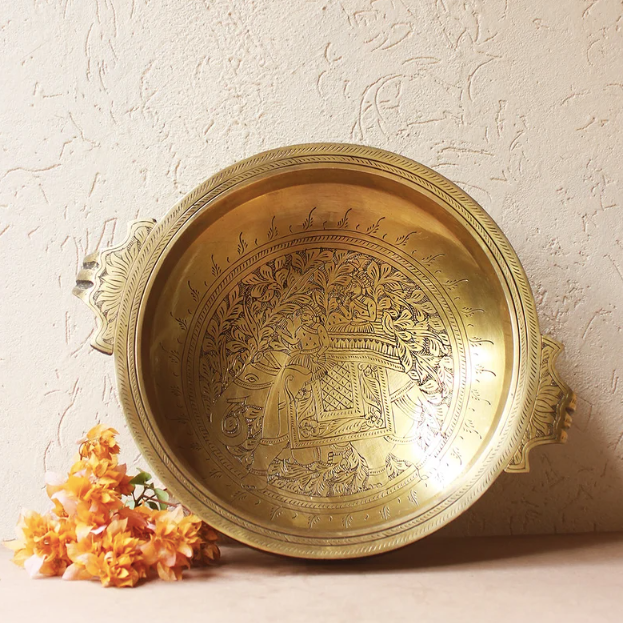 The Emperors Urli - Hand Engraved with A Majestic Elephant And Mahout On Hunt. Diameter 30 cm