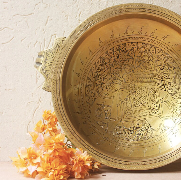 The Emperors Urli - Hand Engraved with A Majestic Elephant And Mahout On Hunt. Diameter 30 cm