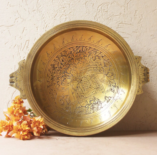 The Emperors Urli - Hand Engraved with A Majestic Elephant And Mahout On Hunt. Diameter 30 cm