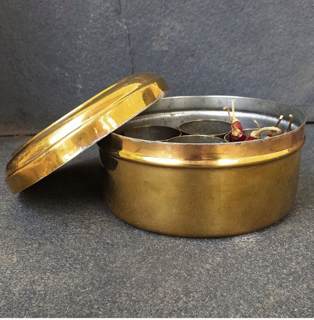 Vintage Round Brass Condiment | Spice Box With 7 Containers, Diameter 20 cm x Ht 12 cm