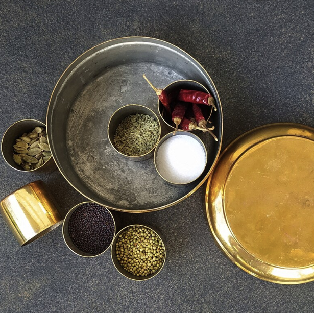 Vintage Round Brass Condiment | Spice Box With 7 Containers, Diameter 20 cm x Ht 12 cm