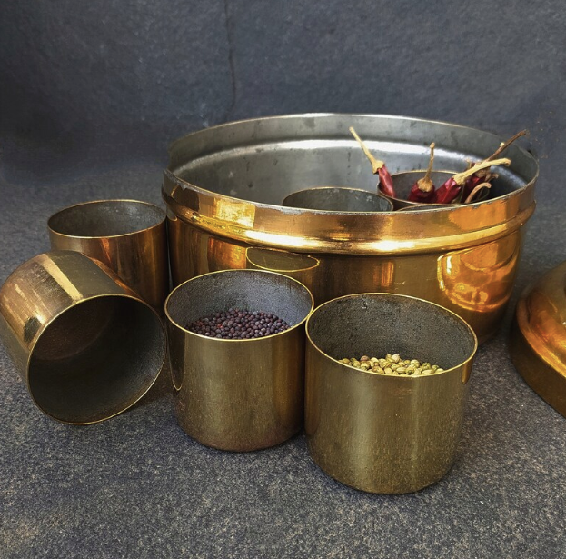 Vintage Round Brass Condiment | Spice Box With 7 Containers, Diameter 20 cm x Ht 12 cm