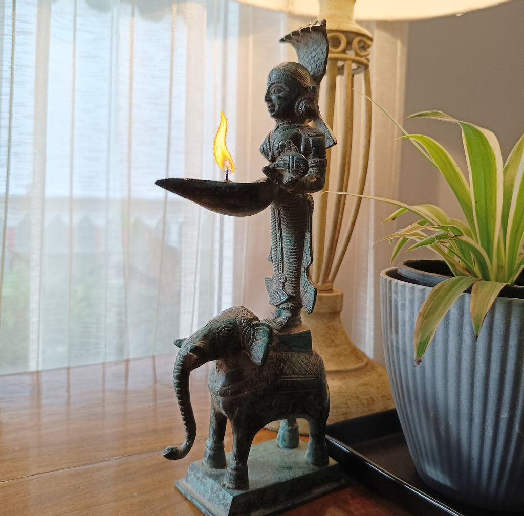 Magnificent Brass Sculpture Of Deep Lakshmi Standing On An Elephant . Height 30 cm