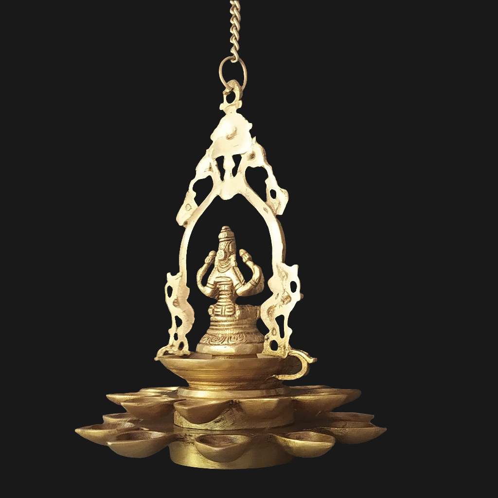 Brass Hanging Lamp of Lakshmi - Goddess of Wealth With 20 Diyas. Length 68 cm With Chain x Dia 23 cm