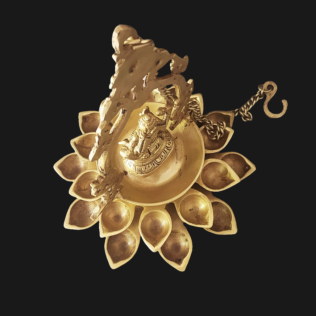 Brass Hanging Lamp of Lakshmi - Goddess of Wealth With 20 Diyas. Length 68 cm With Chain x Dia 23 cm