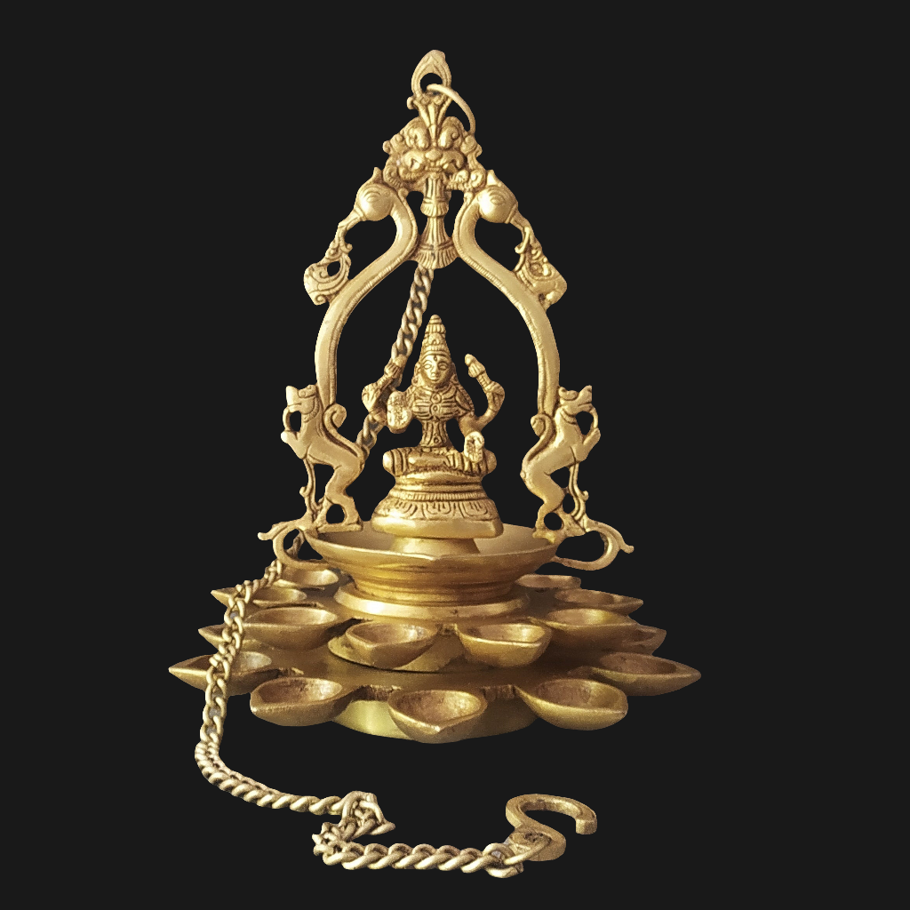 Brass Hanging Lamp of Lakshmi - Goddess of Wealth With 20 Diyas. Length 68 cm With Chain x Dia 23 cm