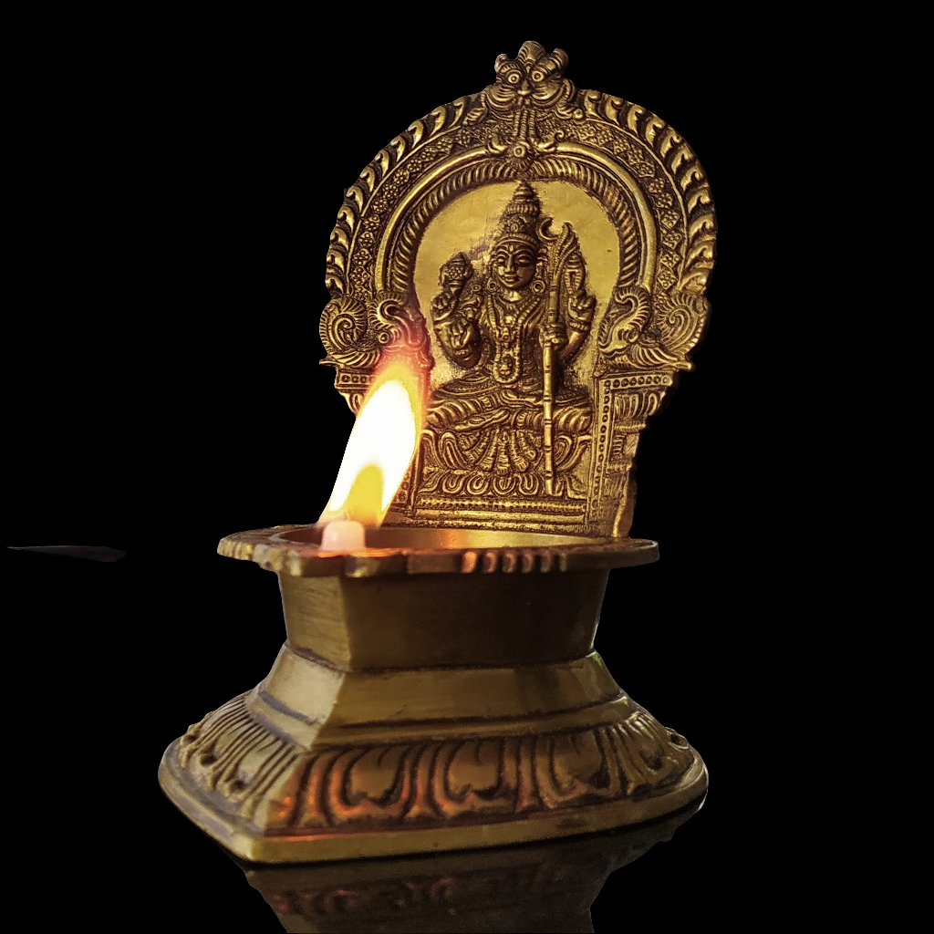 Divine Lakshmi Vilakku - Traditional Brass Oil Lamp From South India. Ht 21 cm x W 13.5 cm x L 15.5 cm