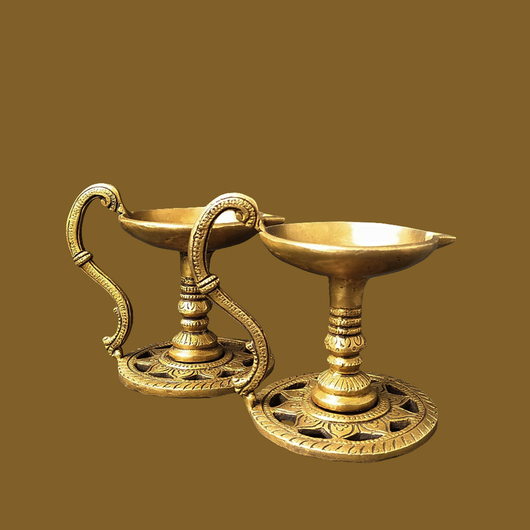 Pair Of Handcrafted Brass Lamps | Diyas  - Length 13.5 cm x Diameter 8.5 cm x Height 10 cm