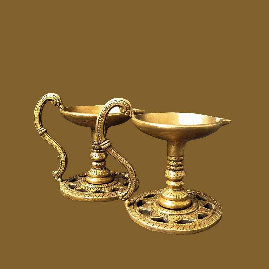 Pair Of Handcrafted Brass Lamps | Diyas  - Length 13.5 cm x Diameter 8.5 cm x Height 10 cm