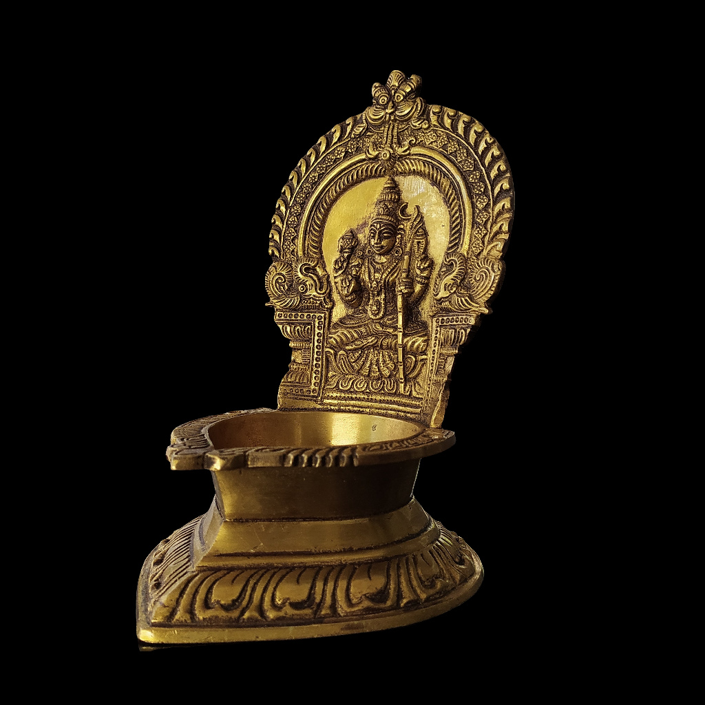 Divine Lakshmi Vilakku - Traditional Brass Oil Lamp From South India. Ht 21 cm x W 13.5 cm x L 15.5 cm