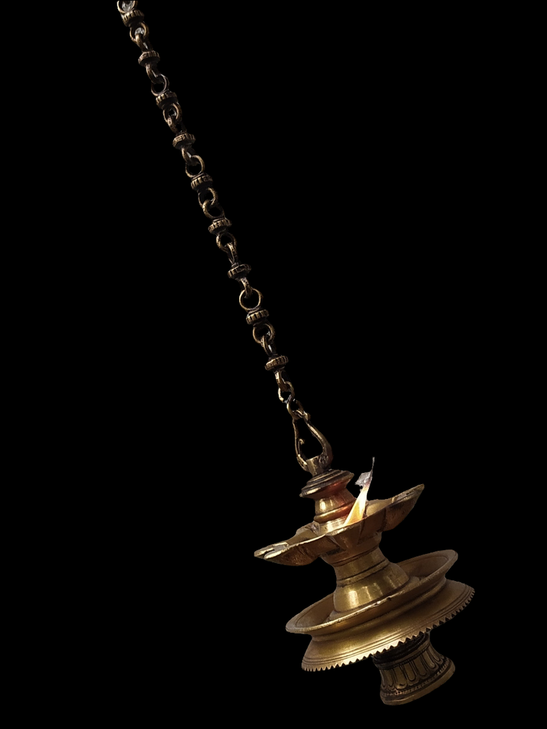 Vintage Brass Oil Lamp With Bell - "Thooku Vilakku" From South India. Length 76 cm x Diameter 16 cm