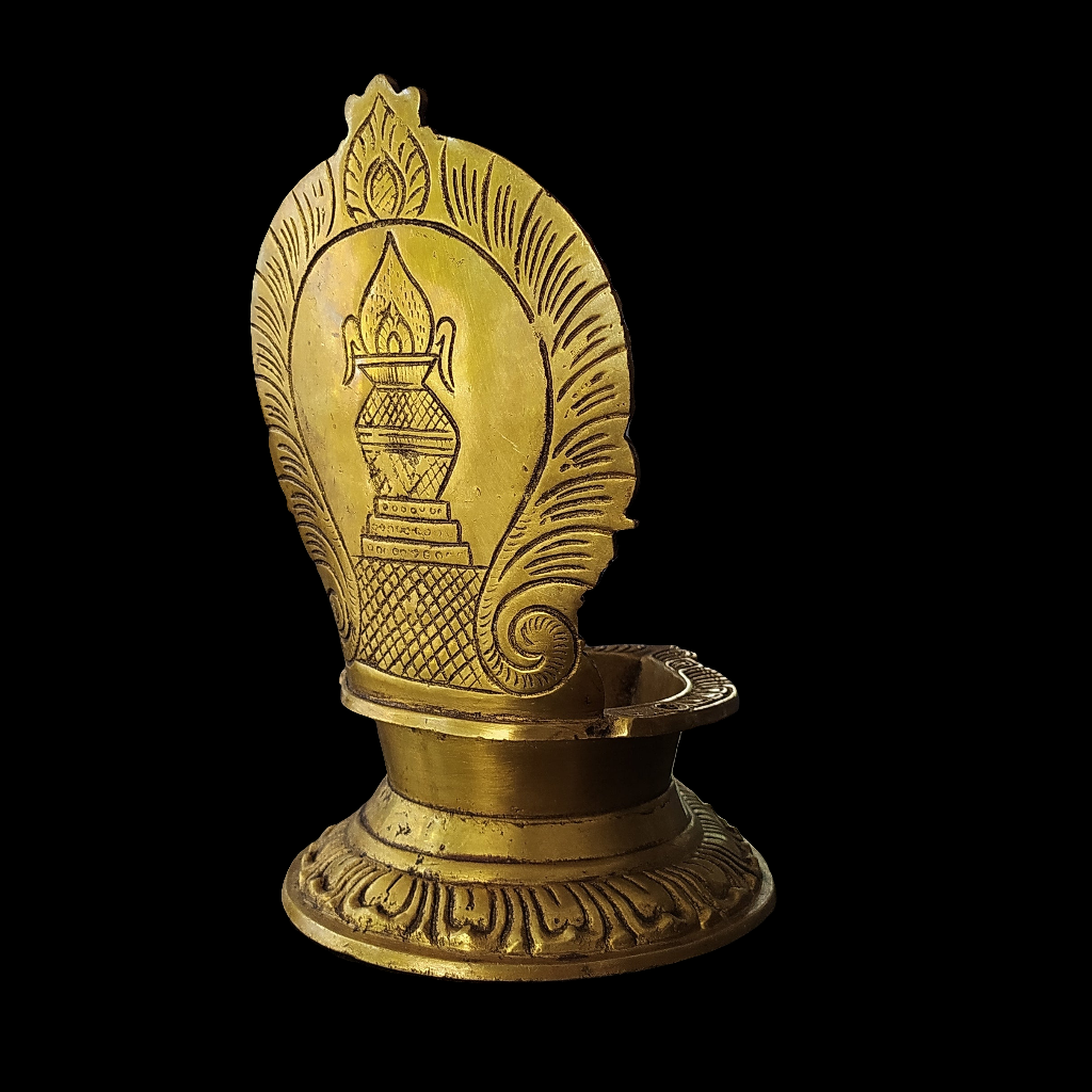 Divine Lakshmi Vilakku - Traditional Brass Oil Lamp From South India. Ht 21 cm x W 13.5 cm x L 15.5 cm