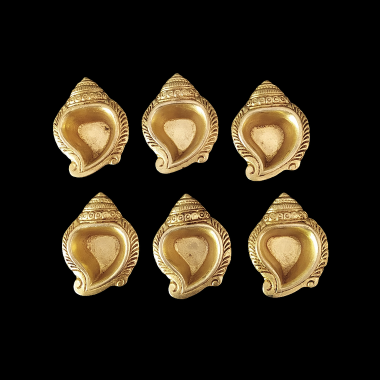 Set of 6 Vintage Hand Casted Festive Conch Shaped Brass Oil Diyas | Lamps With Engravings - L 8 cm X W 6.5 cm X H 2 cm