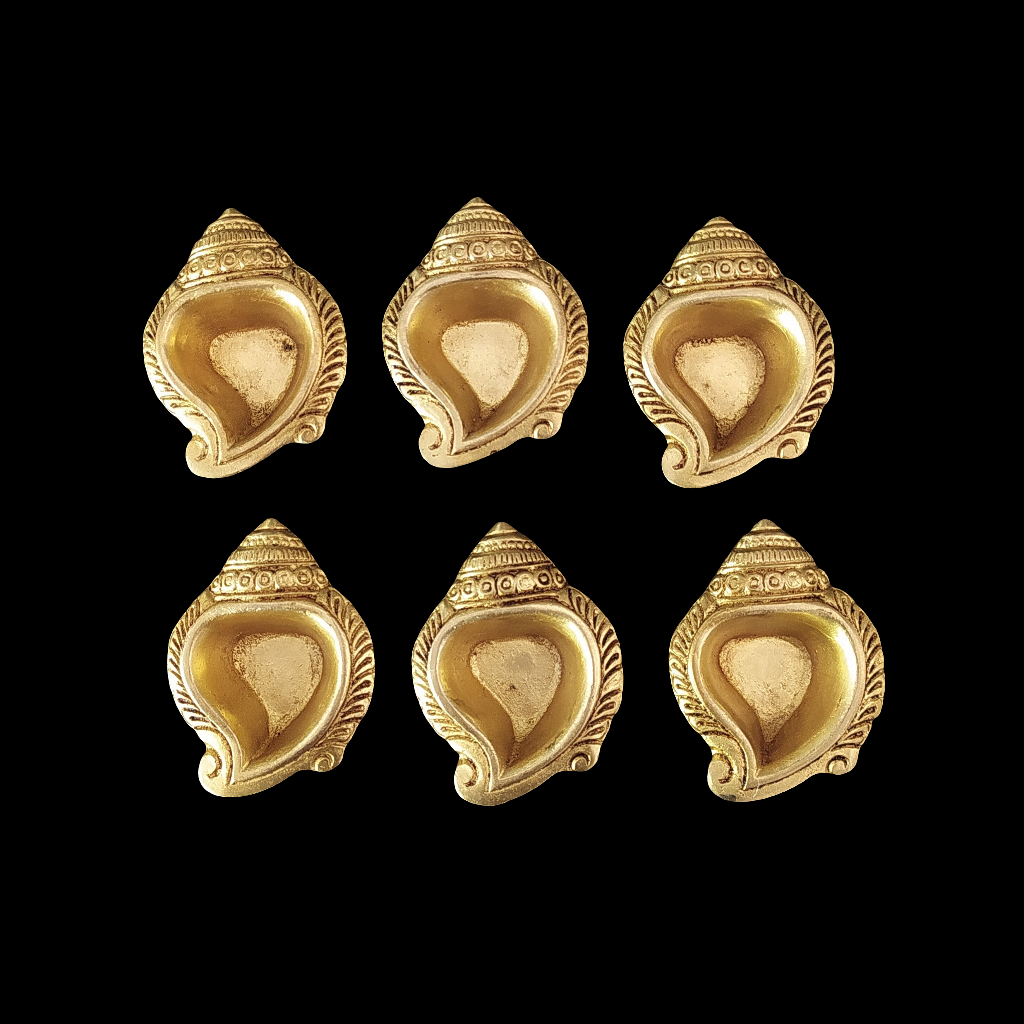 Set of 6 Vintage Hand Casted Festive Conch Shaped Brass Oil Diyas | Lamps With Engravings - L 8 cm X W 6.5 cm X H 2 cm