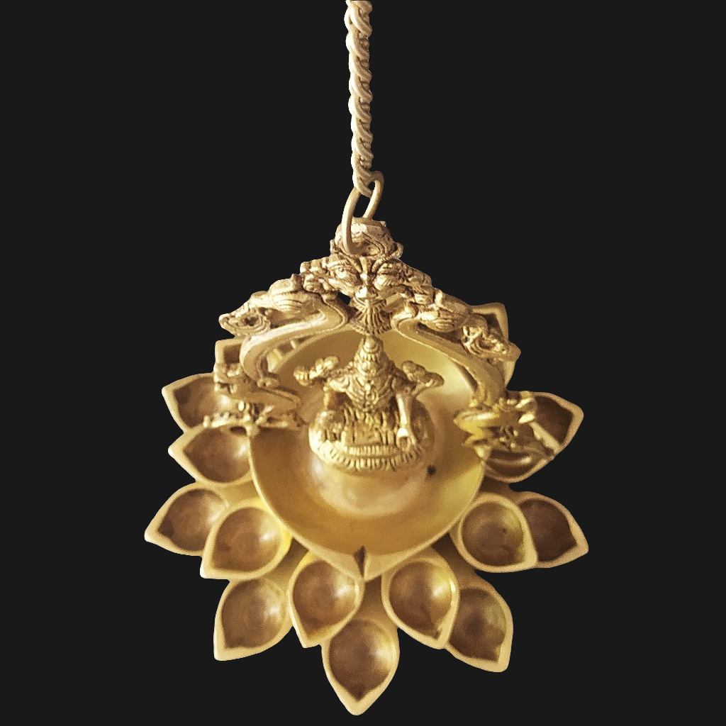 Brass Hanging Lamp of Lakshmi - Goddess of Wealth With 20 Diyas. Length 68 cm With Chain x Dia 23 cm