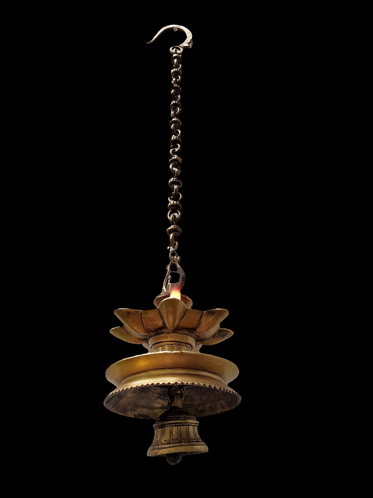 Vintage Brass Oil Lamp With Bell - "Thooku Vilakku" From South India. Length 76 cm x Diameter 16 cm