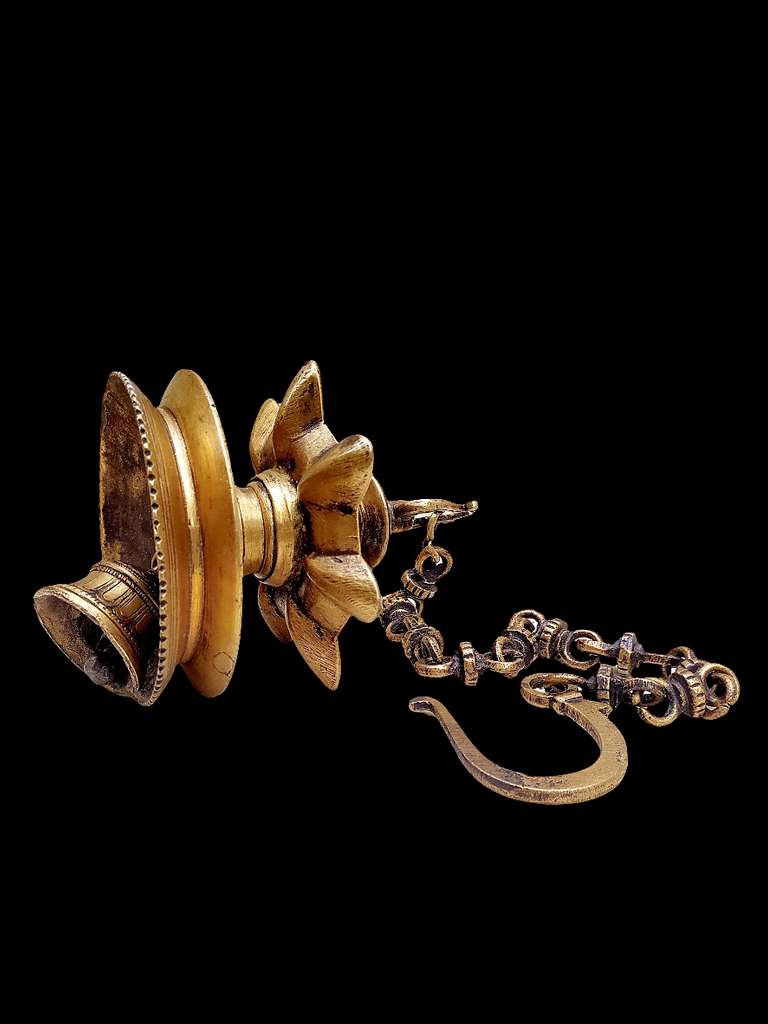 Vintage Brass Oil Lamp With Bell - "Thooku Vilakku" From South India. Length 76 cm x Diameter 16 cm