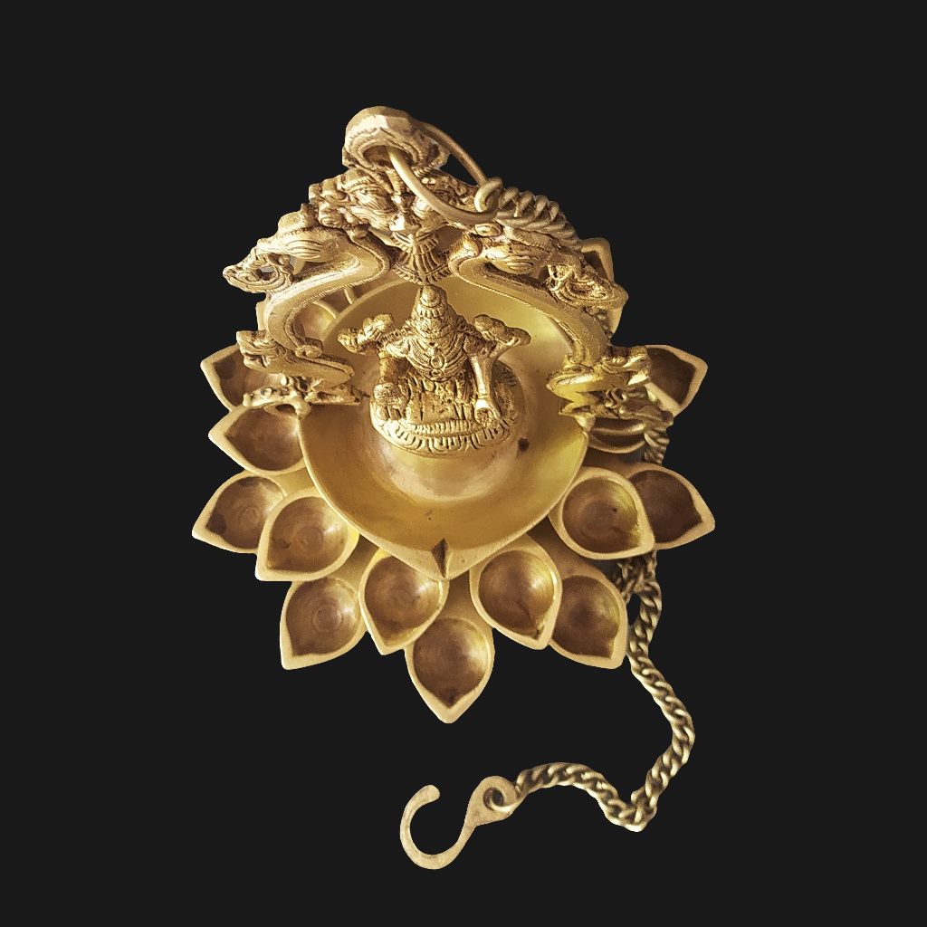 Brass Hanging Lamp of Lakshmi - Goddess of Wealth With 20 Diyas. Length 68 cm With Chain x Dia 23 cm