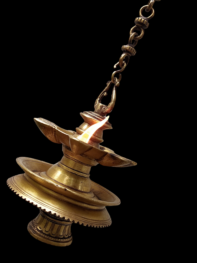 Vintage Brass Oil Lamp With Bell - "Thooku Vilakku" From South India. Length 76 cm x Diameter 16 cm