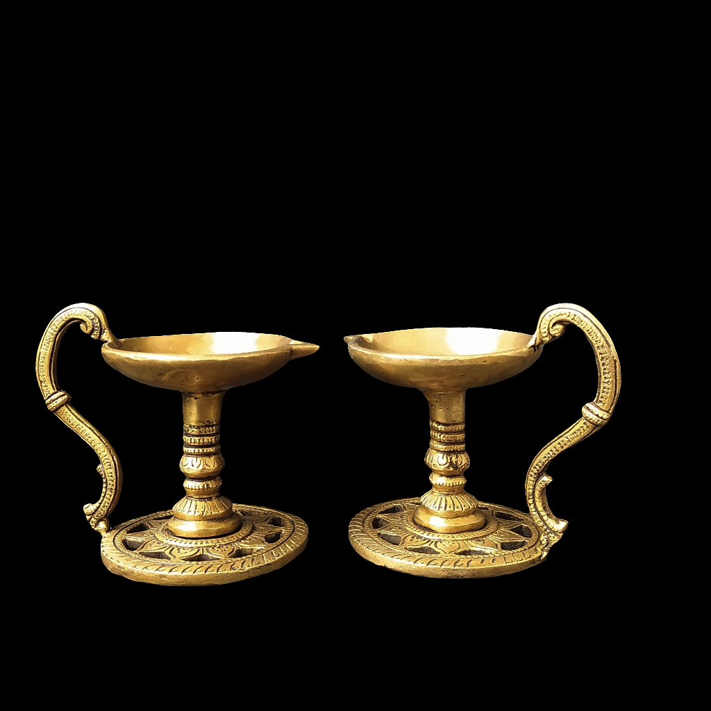 Pair Of Handcrafted Brass Lamps | Diyas  - Length 13.5 cm x Diameter 8.5 cm x Height 10 cm