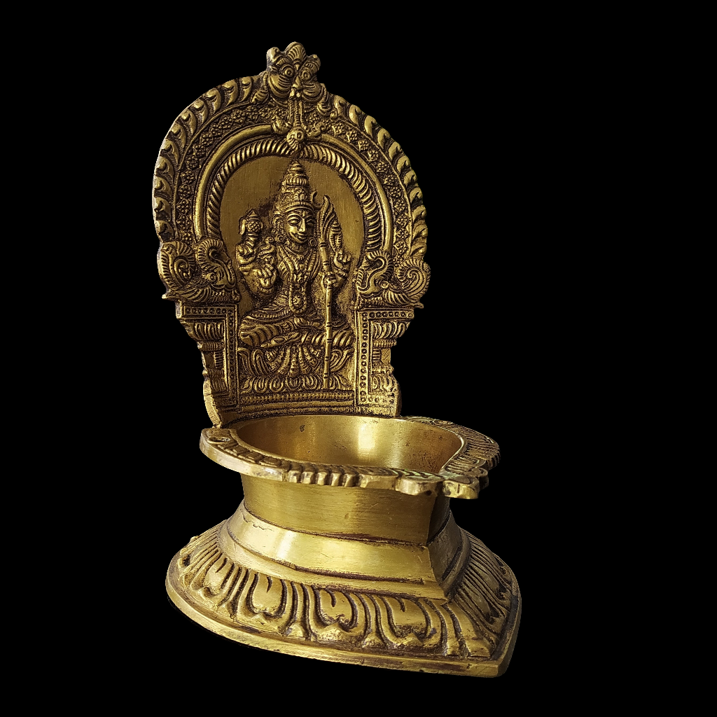 Divine Lakshmi Vilakku - Traditional Brass Oil Lamp From South India. Ht 21 cm x W 13.5 cm x L 15.5 cm