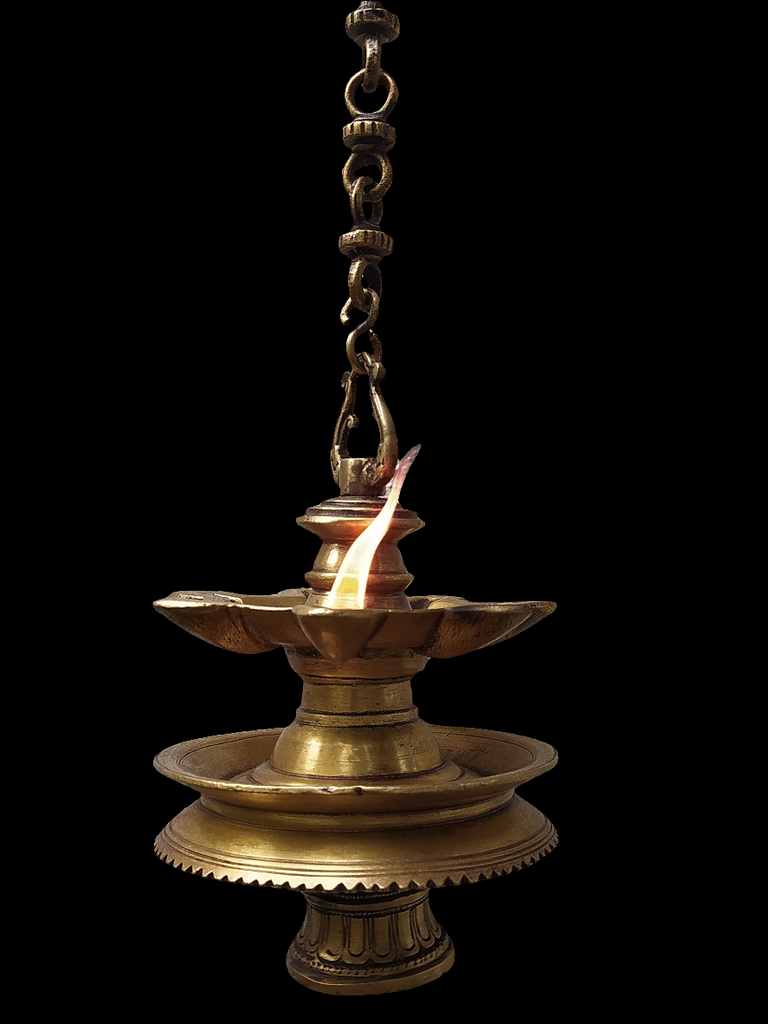 Vintage Brass Oil Lamp With Bell - "Thooku Vilakku" From South India. Length 76 cm x Diameter 16 cm