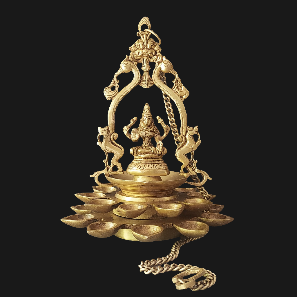 Brass Hanging Lamp of Lakshmi - Goddess of Wealth With 20 Diyas. Length 68 cm With Chain x Dia 23 cm